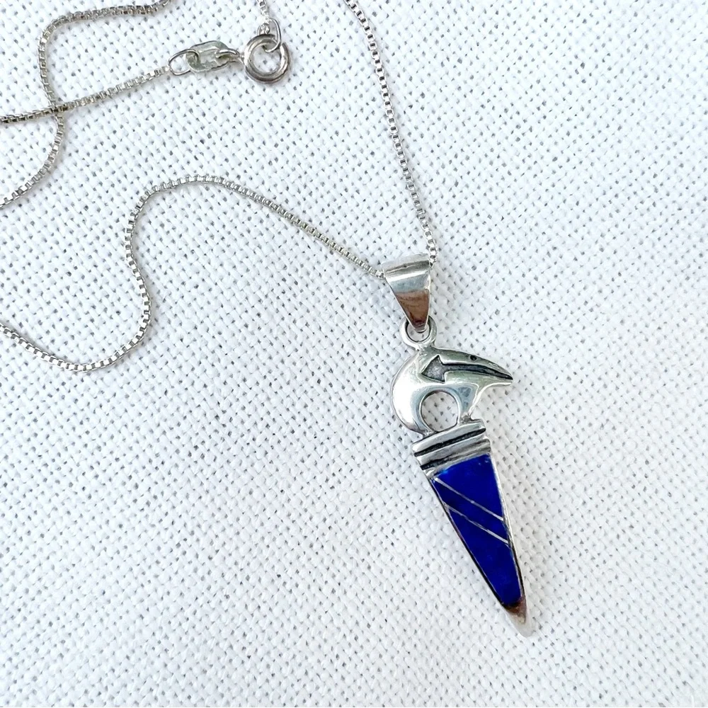 VINTAGE Southwestern Lapis & Sterling Silver Spirit Bear Pendant Necklace Unisex
